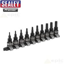 Image of Sealey 10 Piece 3/8" Sq. Drive TORX TRX Star Black Socket Bit Set + Rail AK6207B