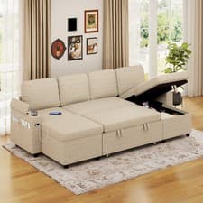 Image of Corner Sofa Bed, L-Shaped Sleeper Sectional Couch, Sofa Bed with Cup Holder
