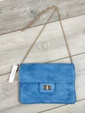 Image of Accessorize Blue Faux Suede Crossbody Shoulder Bag with Gold Chain Strap – New