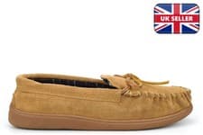 Image of Mens Real Suede Moccasin Slippers Genuine Leather Moccasins Rubber Sole Sand