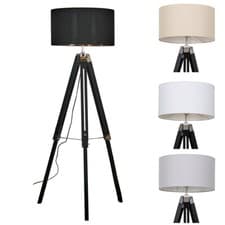 Image of Wooden Tripod Floor Lamp Black Wood Base Large Lampshade Shades LED Light Bulb