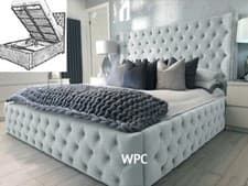 Image of Plush Velvet Studded Wing Back Storage Bed, Ottoman Gaslift Storage Bed
