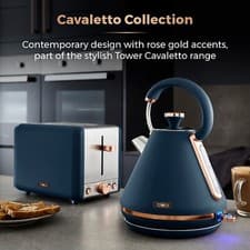 Image of Tower Cavaletto Pyramid Kettle & 2 Slice Toaster Set Midnight Blue & Rose Gold