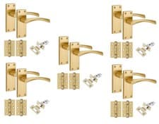 Image of Victorian Astrid Scroll Door Handles Satin Brass Latch Packs Bath Lock