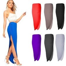 Image of Ladies Womens Ruched Side Split Slit Long Maxi Skirt Dress Size 8-14