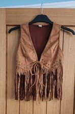 Image of Brown Country Western Suede Style Tassle Tie Waistcoat Vest Size L