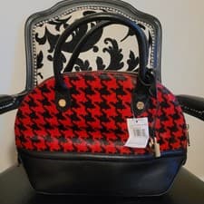 Image of Emma Fox Jaca Domed Satchel Houndstooth Calf Hair Red/Black Leather Bag NWT