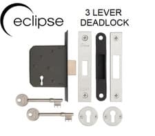Image of ECLIPSE Brass or Chrome Face 3 Lever Mortice DeadLock 63mm Case Depth