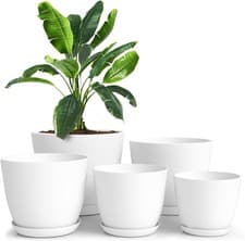 Image of Set of 5 Plastic Plant Pots, Flower Pots with Drainage Holes and Saucers 5 Sizes