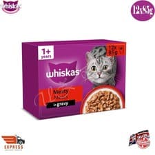 Image of 12 x 85g Whiskas 1+ Meaty Meals Mixed Adult Wet Cat Food Pouches in Gravy