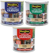 Image of RUSTINS QUICK DRY POLYURETHANE GLOSS MATT SATIN VARNISH INTERIOR EXTERIOR USE