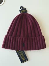 Image of Polo Ralph Lauren Mens Cuffed Beanie Red Wine/Plum Navy Blue Pony Wool Blend NWT