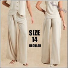 Image of TU Size 14 Reg Beige Stone Wide Leg Trousers Hourglass Linen Style Flared NEW