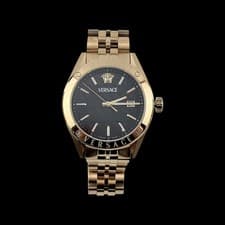 Image of VERSACE VEKHA0725 Unisex Gold Tone Quartz Watch With a Black Dial + Box