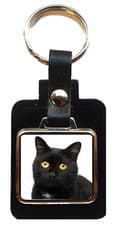 Image of Black Cat Pet Black Leather Square Key Fob In A Velvet Gift Bag