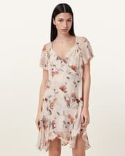 Image of AllSaints Women's Ivory Floral Wrap Dress V-Neck Flutter Sleeves Size UK 12