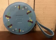 Image of ANNA SUI TURQUOISE BLUE+FLORAL CIRCULAR CLUTCH/MAKE-UP BAG-NEW