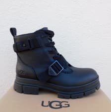 Image of UGG ASHTON LACE-UP BLACK WP LEATHER MOTO BIKER PLATFORM BOOTS, US 9.5/ 40.5 ~NIB