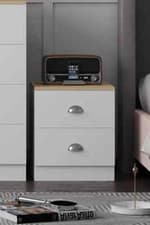 Image of 2 Drawer Bedside Cabinet Matt White Oak Bedroom Furniture Metal Cup Handles