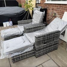 Image of Rattan Sun Lounger Set 2 Chairs Table Stools Grey Cushion Recliner Patio Day Bed