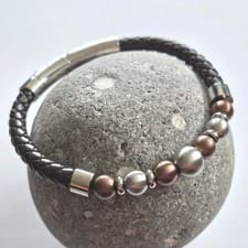 Image of Fred Bennett brown leather bracelet beads copper silver adjusts stainless steel