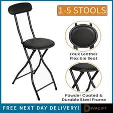 Image of BLACK BREAKFAST FOLDING BAR STOOL LIGHT WEIGHT HIGH CHAIR PADDED ROUND SEAT HOME