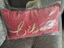Image of BIBA RED TASSLE VELVET CUSHION WITH GOLD LETTERING APPROX 50 X 30 CM NEW