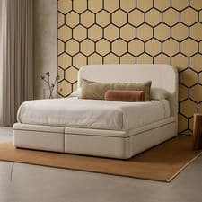 Image of Curved Fabric Bed Frame Velvet Boucle Ottoman Gas Lift Storage Bed and Headboard