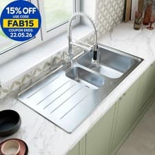 Image of Stainless Steel 1.5 Bowl Inset Kitchen Sink Left Hand Modern Drainer Wastes