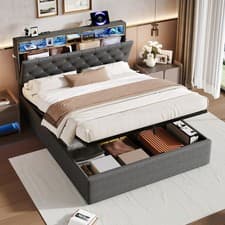 Image of Ottoman Bed Frame 5ft King Size with Storage, Headboard & LED Lights, 150x200 cm