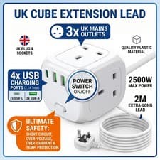 Image of 4 WAY EXTENSION LEAD WITH USB & SWITCH CUBE POWER STRIP WITH SURGE PROTECTION UK