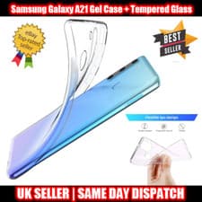 Image of For Samsung Galaxy A21 Silicone Clear Gel Case & Tempered Glass Protector 