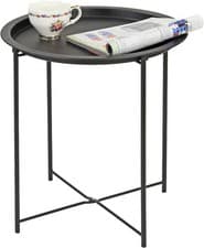 Image of Folding Metal Side Table, Round Tray Table with Removable Top, Black Butler’s Tr