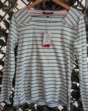 Image of Crew Clothing Breton Stripe Top | Size 12 | Square Neck Button Detail | BNWT
