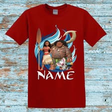 Image of Moana Kids Red Unisex T-Shirt  with Personalized Name Perfect Birthday Gift