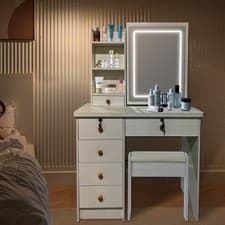 Image of White Dressing Table with LED Light Mirror Stool Drawers Vanity Makeup Desk Kit