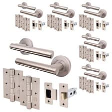 Image of Satin Nickel Door Handle Latch set, Pack of 6 - Handles, Latch 64mm, Hinges 76mm