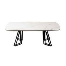 Image of Coffee Table White Ceramic Glass Top Black Geometric Metal Frame Living Room