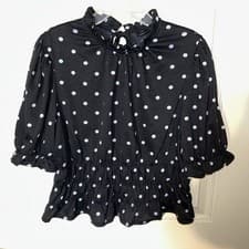 Image of Who What Wear Polka Dot Ruffle Collar Tie Neck L Blouse Short Sleeve