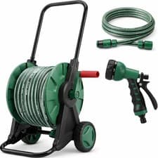 Image of 30M Garden Hose Reel Cart on Wheels Water Pipe Rewind Handle Trolley Spray Gun