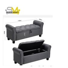 Image of Upholstered Linen Ottoman Storage Bench Buttoned with Armrests