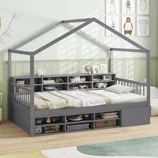 Image of GAINOOM Chic Single Size House Bed Wooden Platform Bed Frame w/Roof Grey