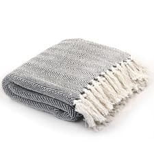 Image of Throw Blanket 100% Cotton Navy Blue 220x250 cm Herringbone Tassel Soft Home Cozy