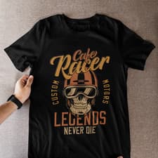 Image of Cafe Racer Skull Helmet T-Shirt | Custom Motors Legends Never Die Graphic Tee