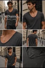 Image of All Saints Men’s Carter Grey Scoop Tonic Neck T-Shirt. Various Sizes BNWT