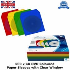 Image of 500 x Coloured Paper Sleeves for 1 CD DVD Disc Flap & Window Assorted Colors New