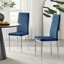 Image of **Seconds** Set of 4 Milan Navy Hatched Velvet Dining Chairs Silver Legs