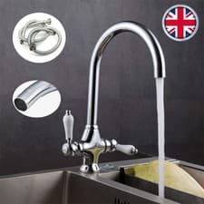 Image of Modern Mono Kitchen Mixer Tap Twin Lever Control Swivel Curved Spout Chrome UK