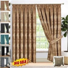 Image of Luxury Pencil Pleat Jacquard Tape Top Pair of Curtains Ready Made Free Tiebacks