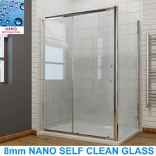Image of Sliding Door Shower Enclosure Walk In Wet Room 8mm Easy Clean Glass Stone Tray